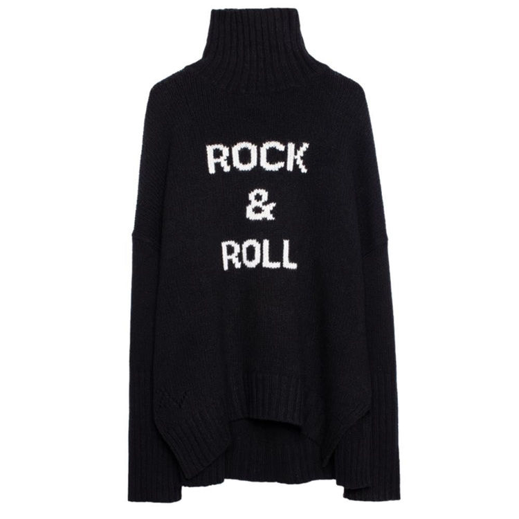 Underlegen Dårlig skæbne Planet Zadig & Voltaire Alma Rock sweater. Sort oversize strik med rullekrave og  rock n roll motiv 2299,- online hos Milium